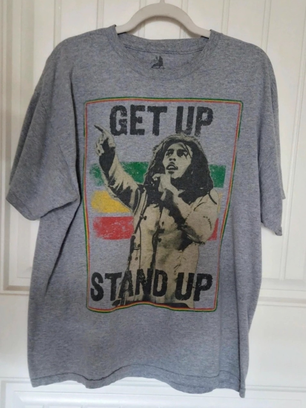 Zion Rootswear Grey 'Get Up Stand Up' Graphic Tee with Red/Yellow/Green Accents